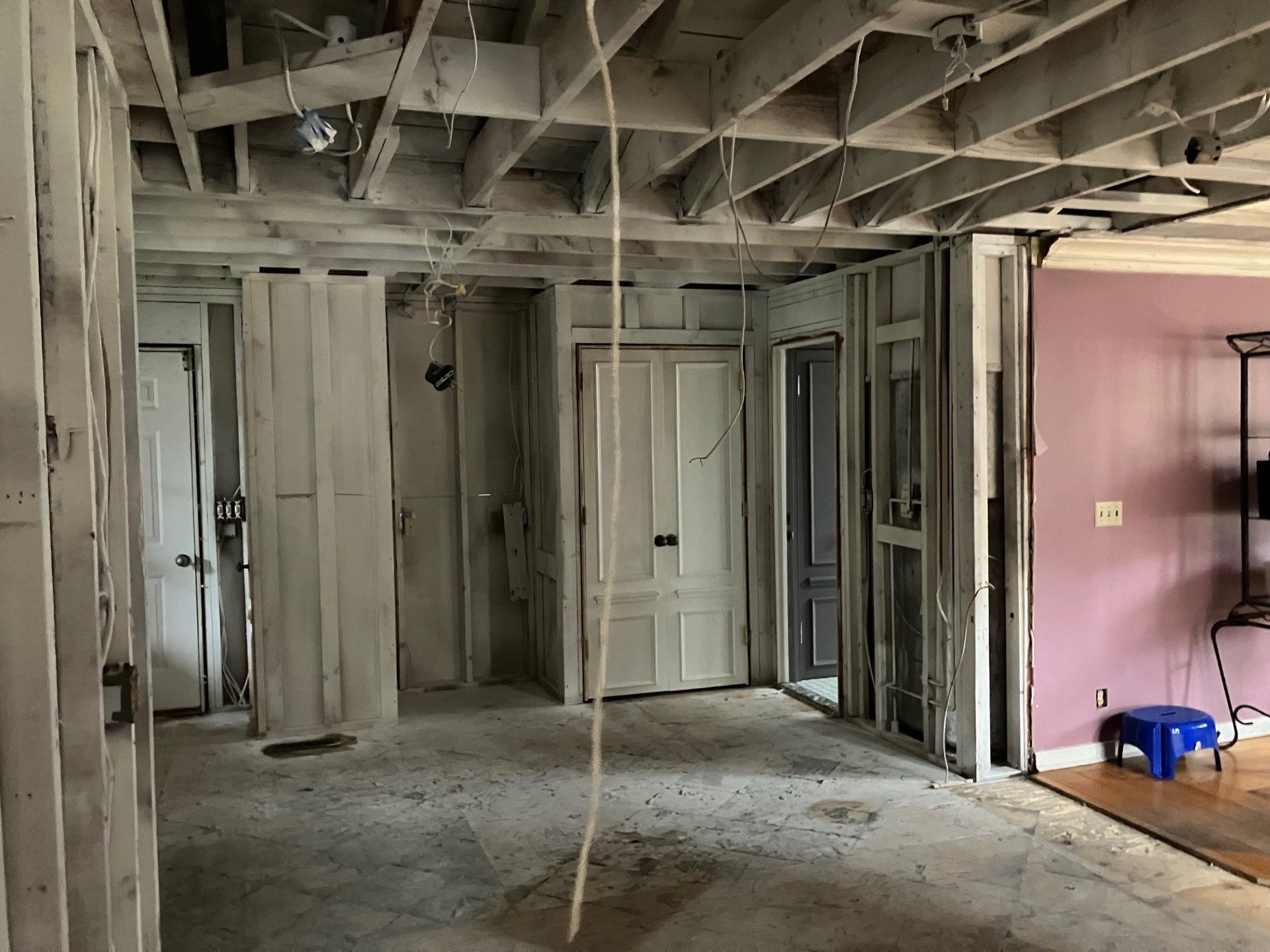 Kitchen stripped to the studs after fire damage demolition